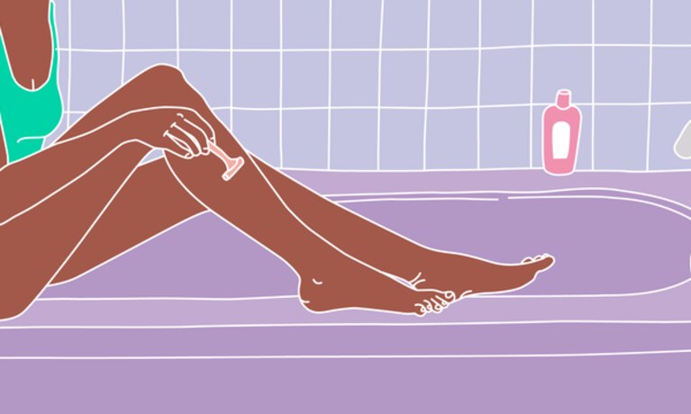 Illustration of a woman shaving her legs on the bath - Libresse