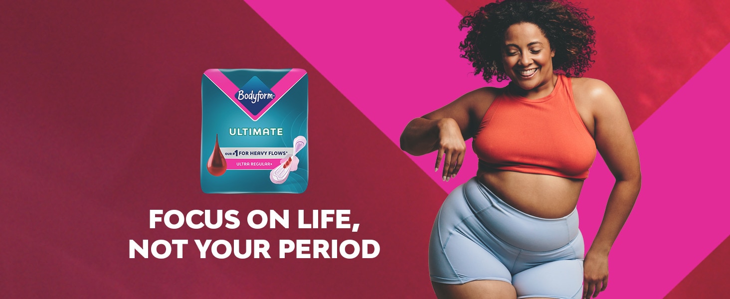 Woman smiling next to a pack of Bodyform Ultimate periods pads with white text "Focus on life, not your period"