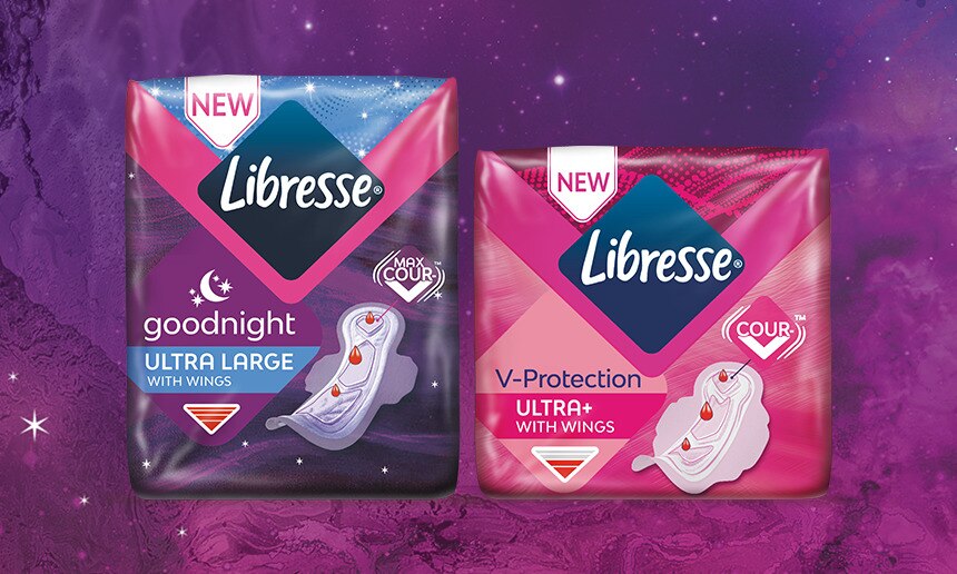 Oplev Libresses nye menstruationsbind Cour-V med ultimativ pasform og sugeevne, der fås til dag (Libresse Ultra) og nat (Libresse Goodnight).