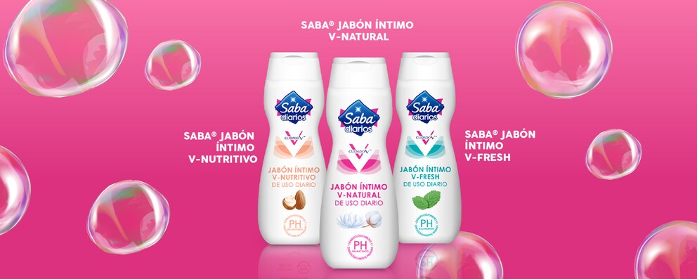 imagen de los jabones íntomos Saba sobre un fondo rosa - Saba