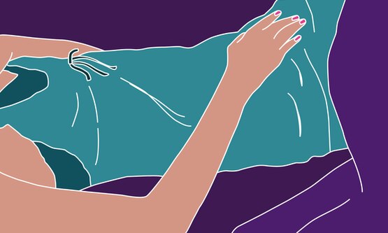Cartoon of woman laying on couch, going through perimenopause symptoms.