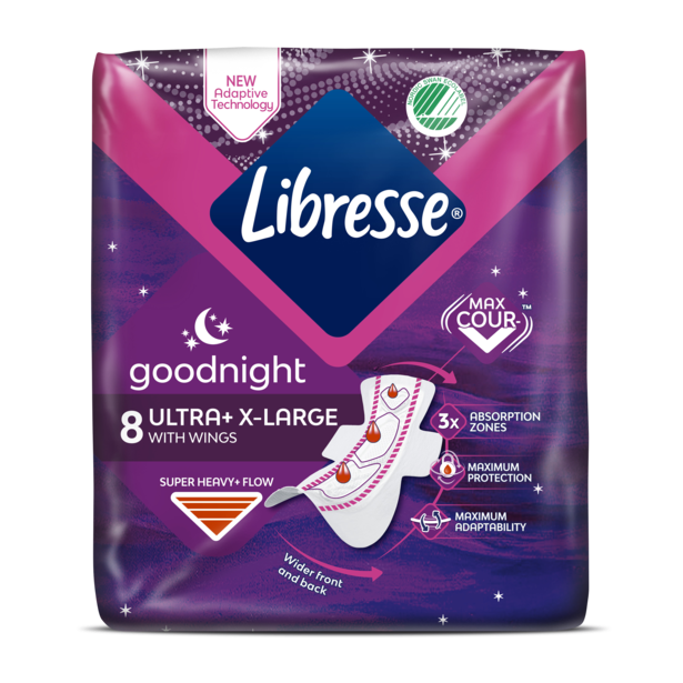A pack of Libresse Goodnight Ultra+ Xtra Large menstrual pads 