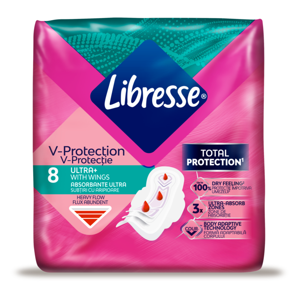 A pack of Libresse V-Protection Ultra Long+ menstrual pads