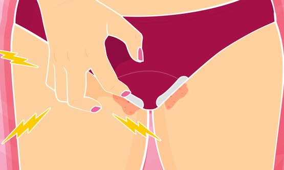 A hand scratching the intimate area over underwear that has a period pad attached, with the area appearing red and inflamed.