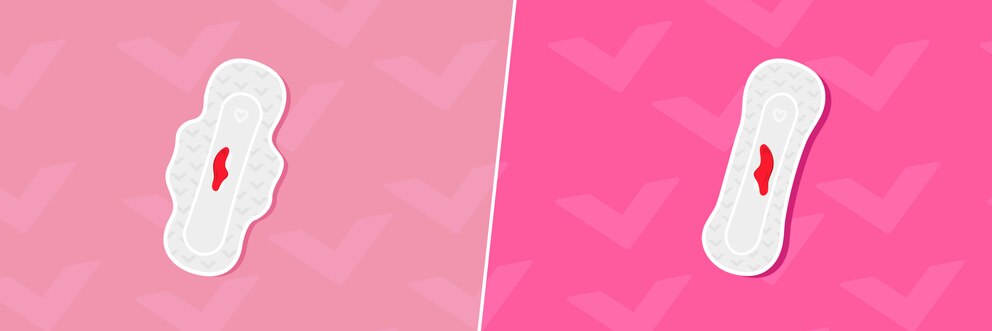 Illustration of two period pads on a pink background, one with wings and one without, both have blood on them.