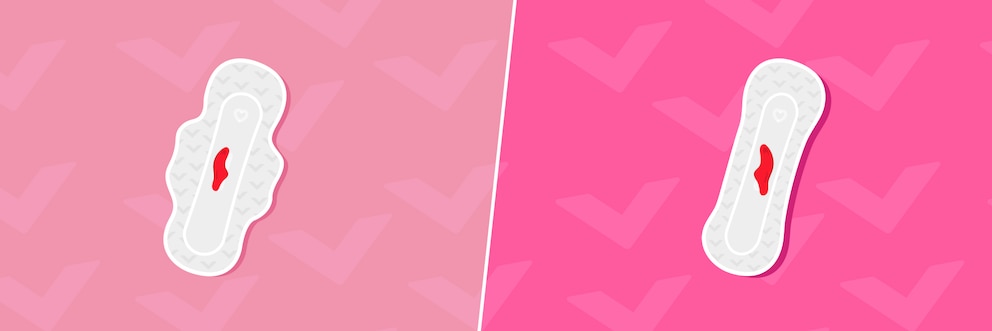 Illustration of two period pads on a pink background, one with wings and one without, both have blood on them.