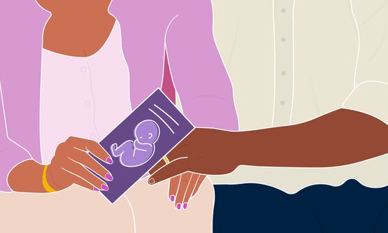 Illustration of a couple holding a fertility leaflet with a baby on the front whilst holding hands with each other.