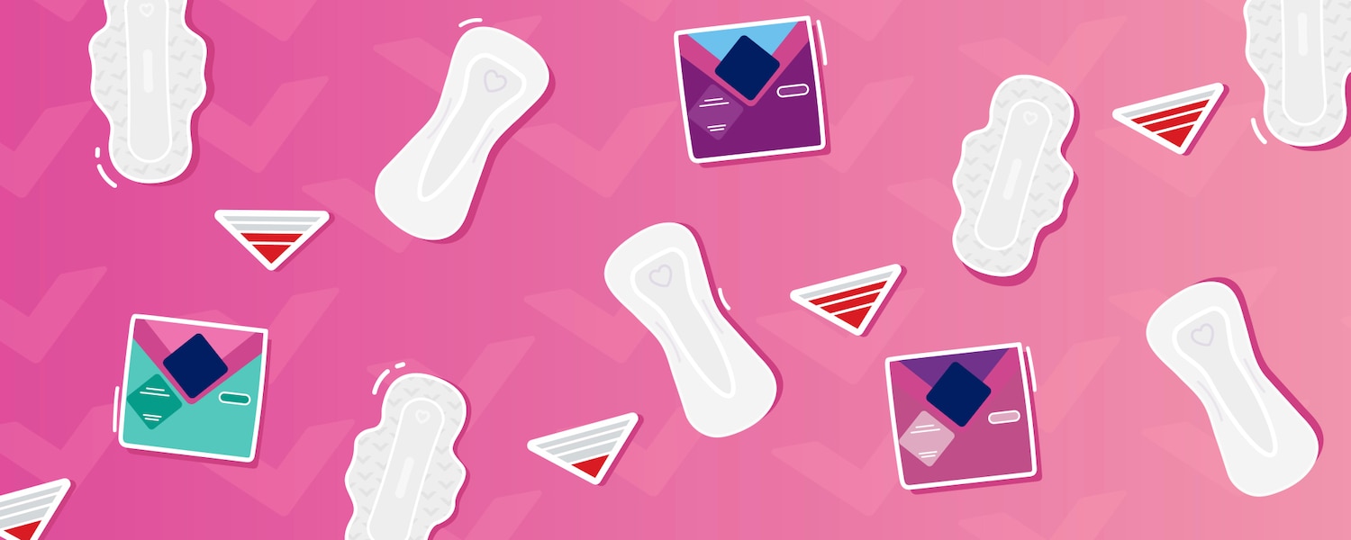 An illustration showing different types of period pads on a pink background.