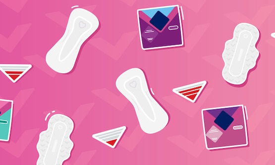 An illustration showing different types of period pads on a pink background.