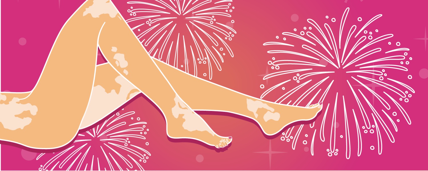 A close-up of the lower body with fireworks in the background to suggest pleasure.