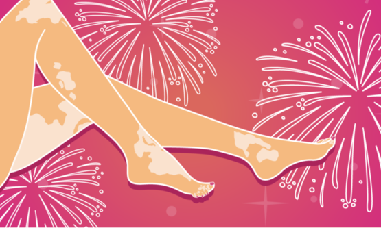A close-up of the lower body with fireworks in the background to suggest pleasure.