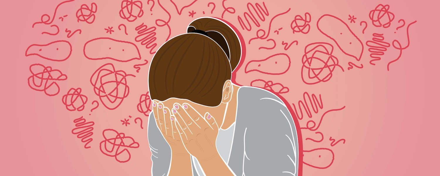 A woman cradling her face in her hands, with lines and circles in the background representing a range of emotions, including happiness, sadness, and frustration