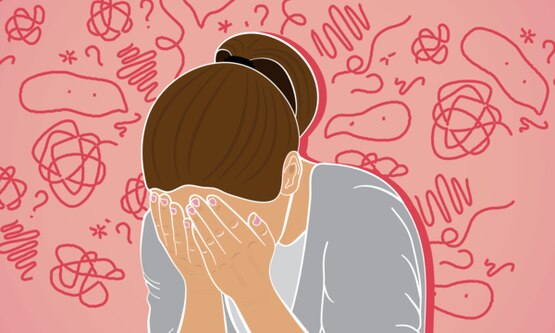 A woman cradling her face in her hands, with lines and circles in the background representing a range of emotions, including happiness, sadness, and frustration