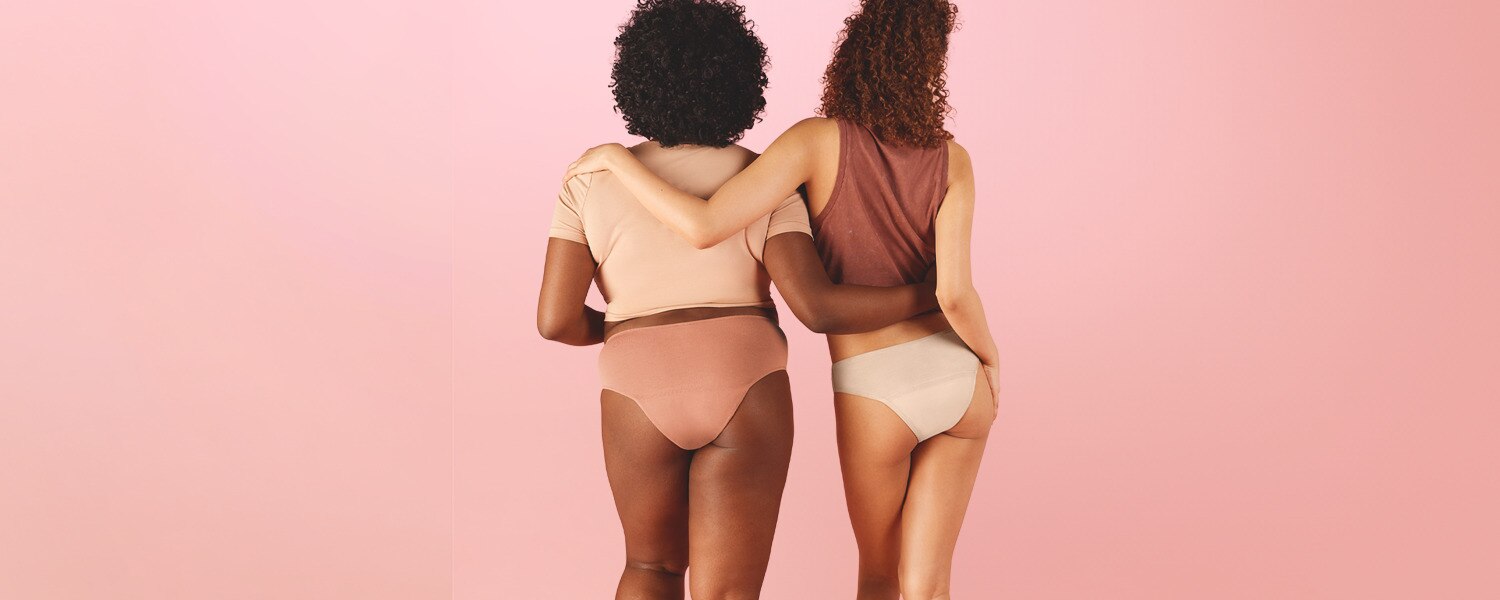 Female models posing in Bodyform comfort fit period pants