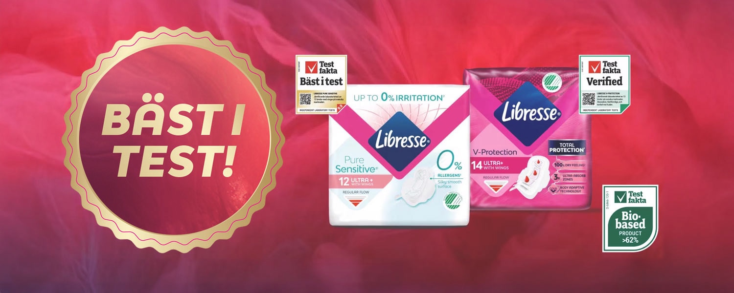Libresse V-Protection Ultra + och Libresse Pure Sensitive bindor med vingar har blivit utsedda till bäst i test i Testfaktas oberoende test av bindor