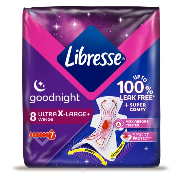 A pack of Libresse Goodnight Ultra+ Xtra menstrual pads