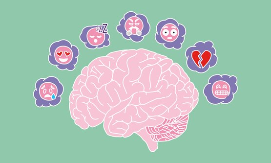 Illustration of a brain with different emotions and feelings on a blue background - Libresse