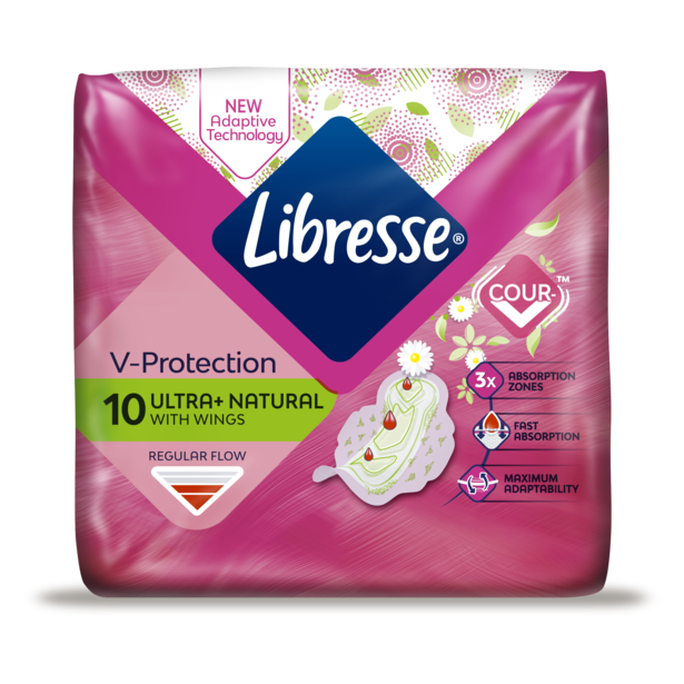 A pack of Libresse V-Protection Ultra+ Natural menstrual pads