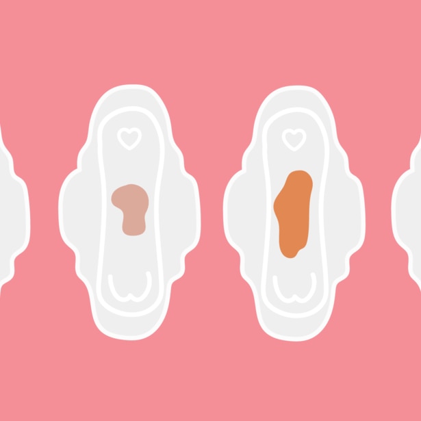 Row of pads showing the different period blood colours: red, pink, dark brown, orange, grey and black.
