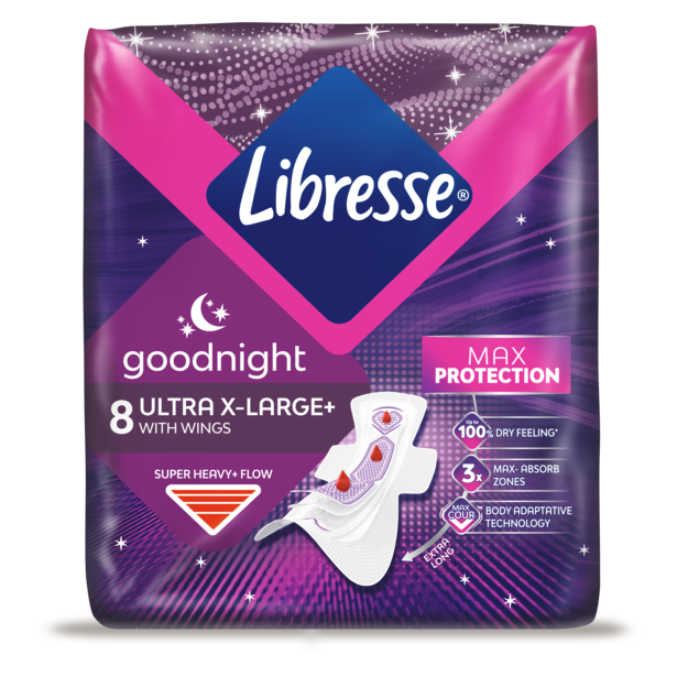 A pack of Libresse Goodnight Ultra+ Xtra Large menstrual pads 