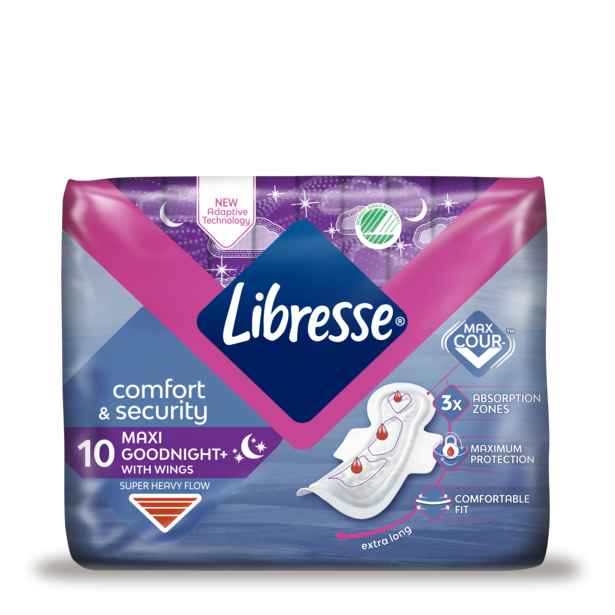 A pack of Libresse Maxi Goodnight+ menstrual pads 