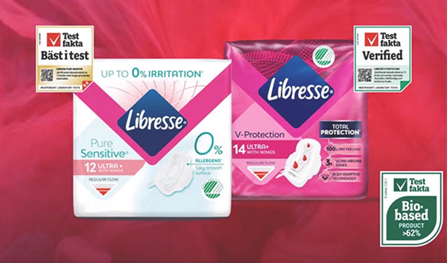 Libresse V-Protection Ultra + och Libresse Pure Sensitive bindor med vingar har blivit utsedda till bäst i test i Testfaktas oberoende test av bindor