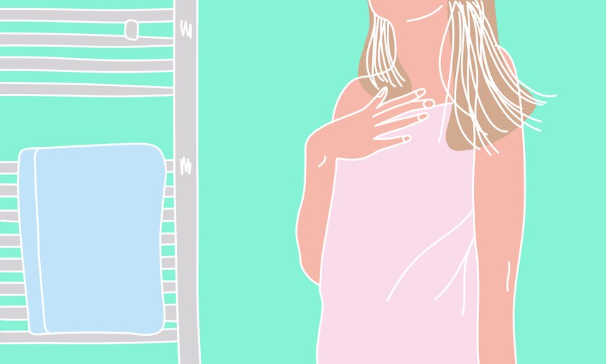 Illustration of a woman in a towel in a bathroom