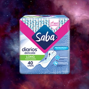 Packet of Libresse Dailies Extra Protection Extra Long Liners on swirling galaxy backgroun