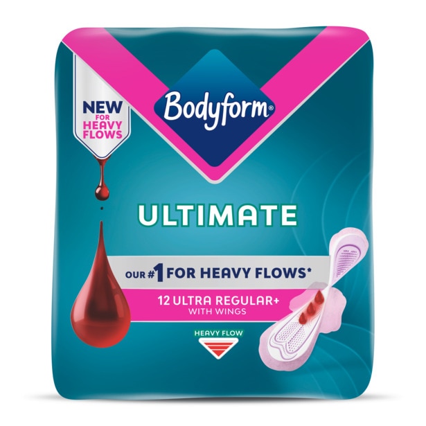 Pack shot of Bodyforms Ultimate period pads with wings for heavy periods