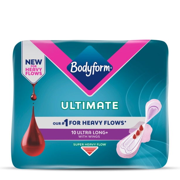 Pack shot of Bodyforms Ultimate Long period pads with wings for heavy periods