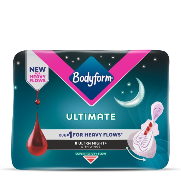 Pack shot of Bodyforms Ultimate Night period pads with wings for heavy periods