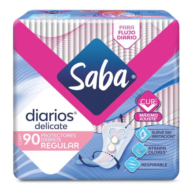 Anatomía de pantiprotectores diarios Saba Diarios Delicate Regulares, se muestran las capas que absorben el flujo