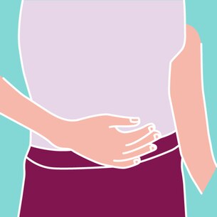 Illustration of a woman holding her stomach on a pink background - Libresse