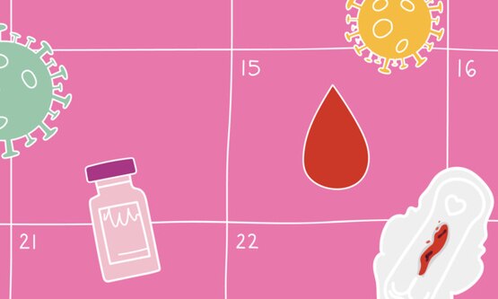 Menstrual calendar with COVID-19 viruses, vaccine bottles, period blood drops, and a used period pad