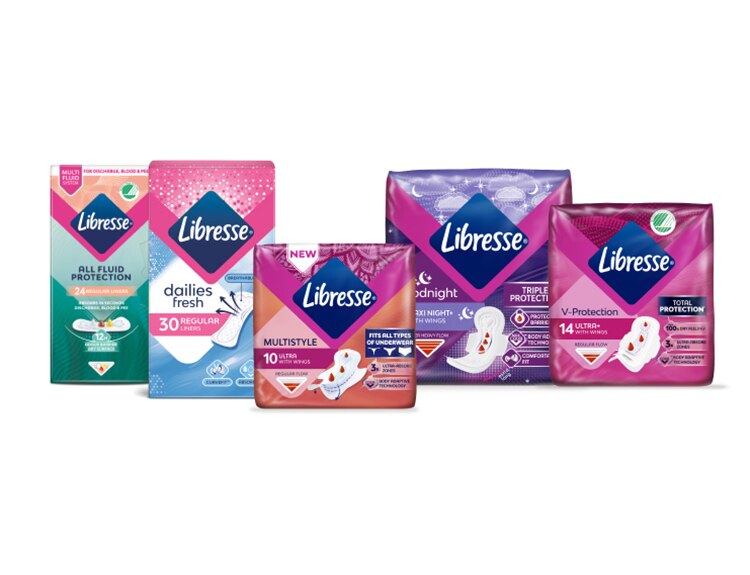 Libresse sortiment av bindor och trosskydd