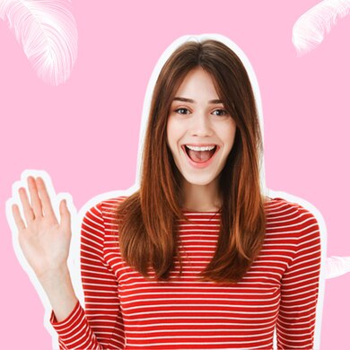 Imagen de una chica rodeada de plumas sobre un fondo rosa - Saba