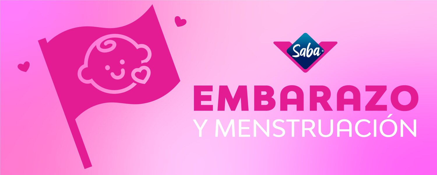 rosa con una bandera fucsia con una figura de un bebé y un texto "Embarazo y menstruación"