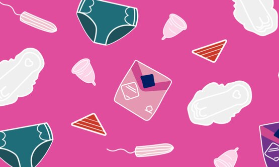 Period pads, tampons, menstrual cups, period pants and V-Flow indicators on a pink background.