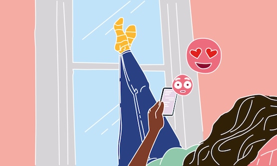 Illustration of a girl on her mobile phone on a magenta background - Libresse