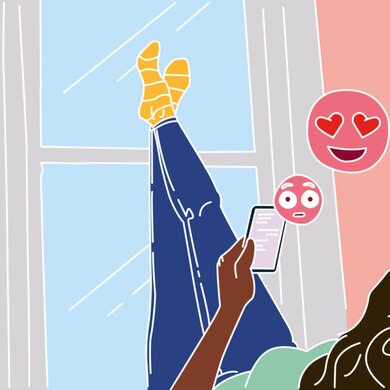 Illustration of a girl on her mobile phone on a magenta background - Libresse