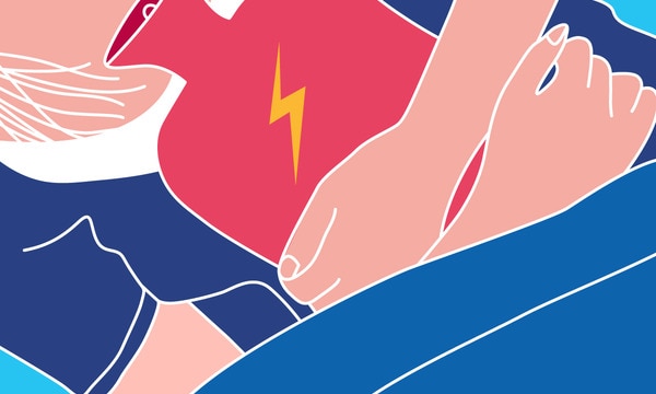 Illustration of woman with holding hot water bottle to stomach