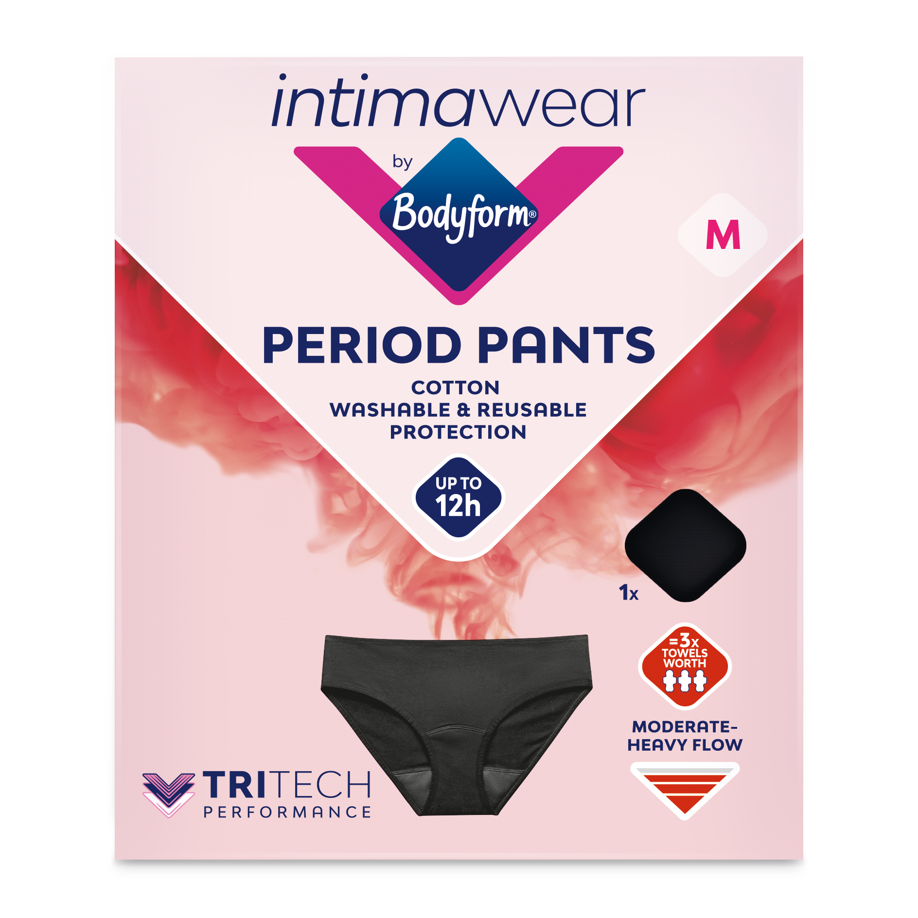 Bodyform Washable Period Pants - for Up to 12 Hours of Protection -  Menstrual Underwear for Moderate Flow, Hipster Cut - Pack of 1 - Black,  Size S