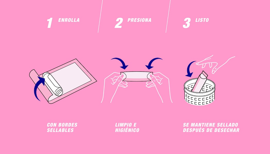 Imagen explicando los 3 pases de Enrolla, presiona y listo sobre un fondo color rosa