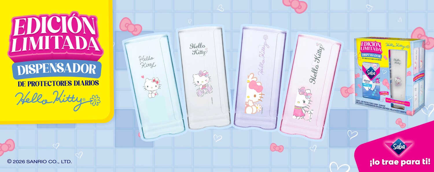 1 paquete de protectores diarios Delicate largos de 100 piezas c/u + Dispensador de Protectores diarios Hello Kitty.