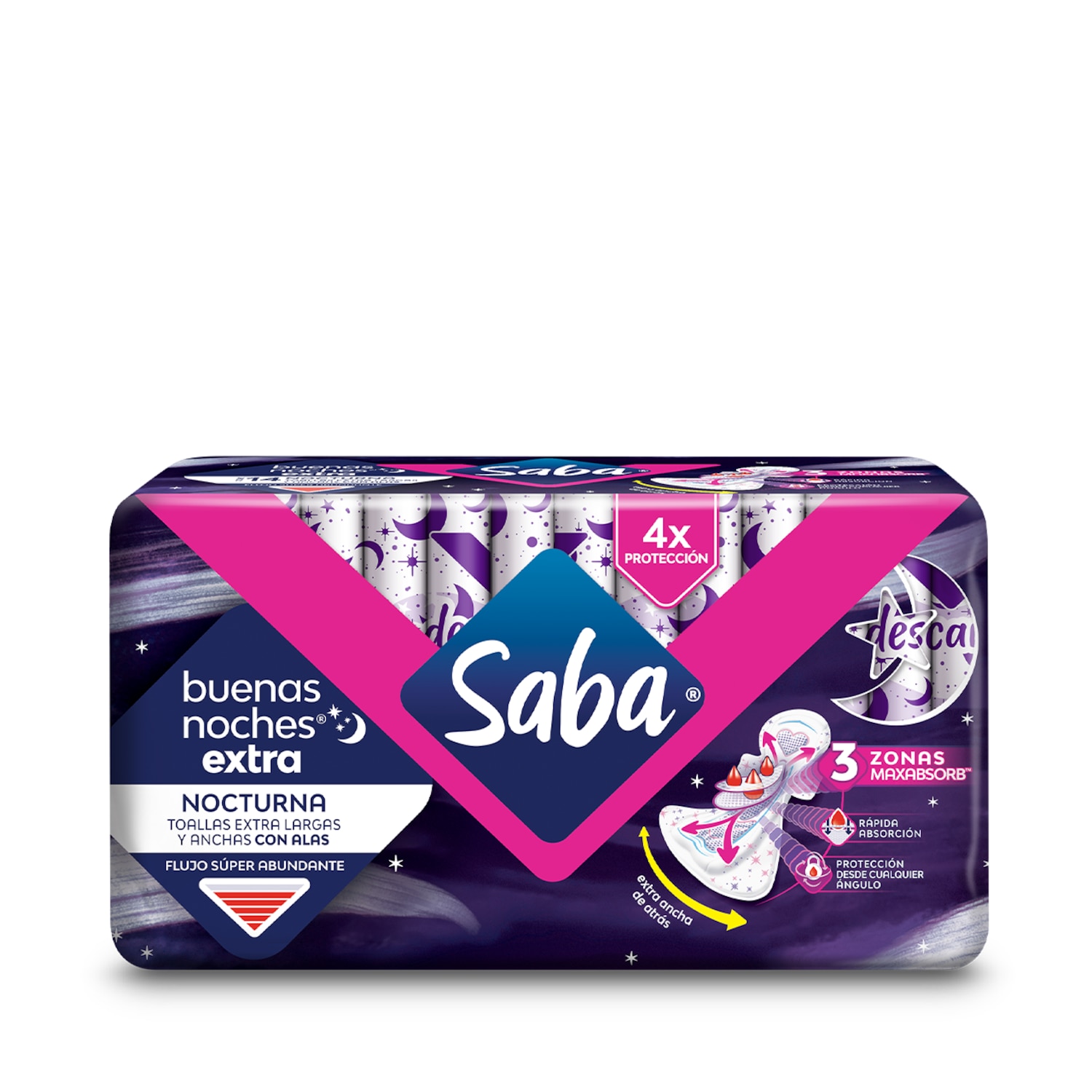Saba® Buenas Noches® Noches Extra
Toallas Nocturnas Extra Largas y anchas con alas