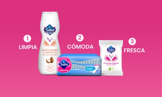 Imagen de los 3 productos de la rutina diaria de cuidado intimo sobre un fondo rosa - Saba