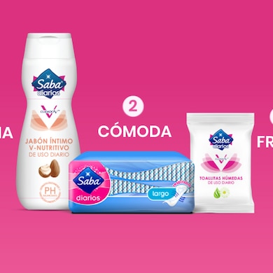 Imagen de los 3 productos de la rutina diaria de cuidado intimo sobre un fondo rosa - Saba