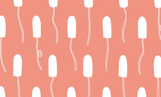 Cartoon of tampons arranged in rows with strings dangling.