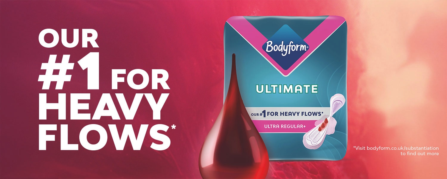 White text on blood background "our #1 for heavy flows" next to pack of Bodyform Ultimate pads