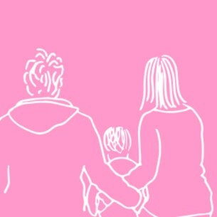 Illustration of a man, woman and child on a pink background - Libresse